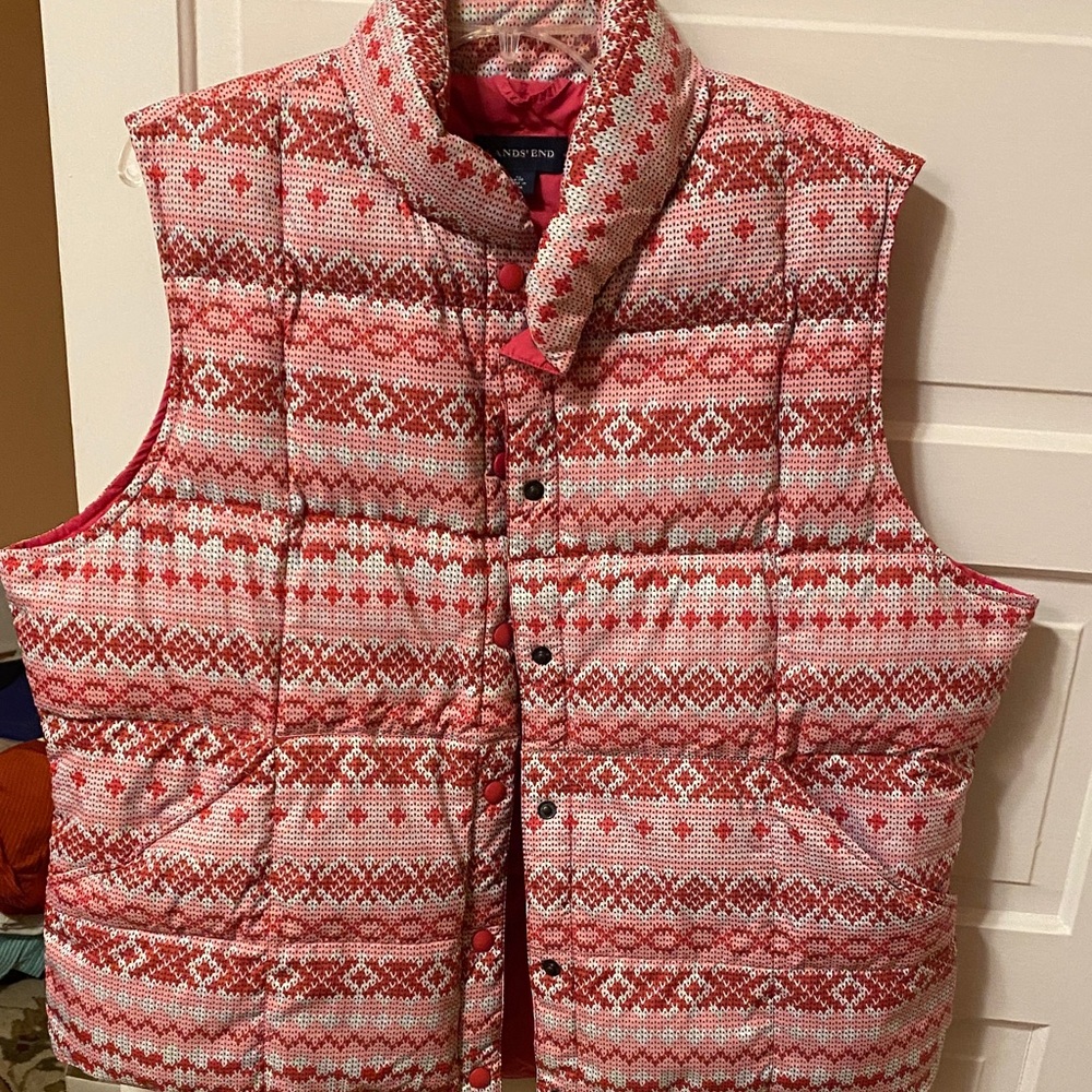 Lands' End Red and Pink Patterned Puffer Vest